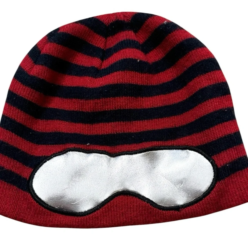 The Children's Place Red and Black Striped Beanie with Silver Goggles Patch
